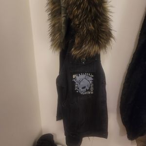 American Bazi Black & Green Distressed Skull Faux Fur Denim Jacket.